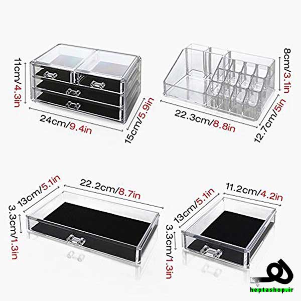 اندازه و سایز قسمت های مختلف استند لوازم آرایشی چهار کشو دو طبقه